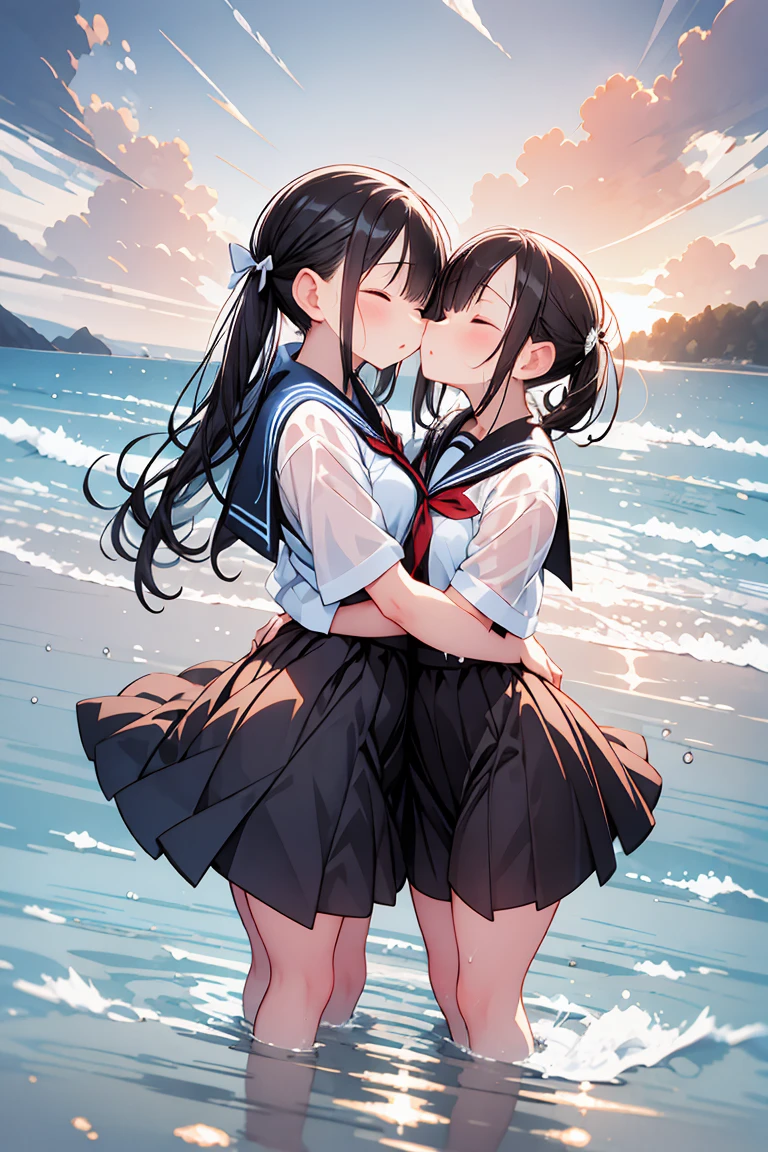 (8k, super high quality, masterpiece, Ultra-high resolution), Two girls, Embrace each other, Kissing, Lips touching, romantic, Close your eyes, Ocean, Wavy, Sailor suit, ribbon, Gothic Skirt, navy blue, Long skirt, (Gothic long), My clothes are shining when wet, Lots of water all over the body, splash, (Submersion), Lots of water, Lots of water滴, (Water up to my chest), drenched, (drowning)