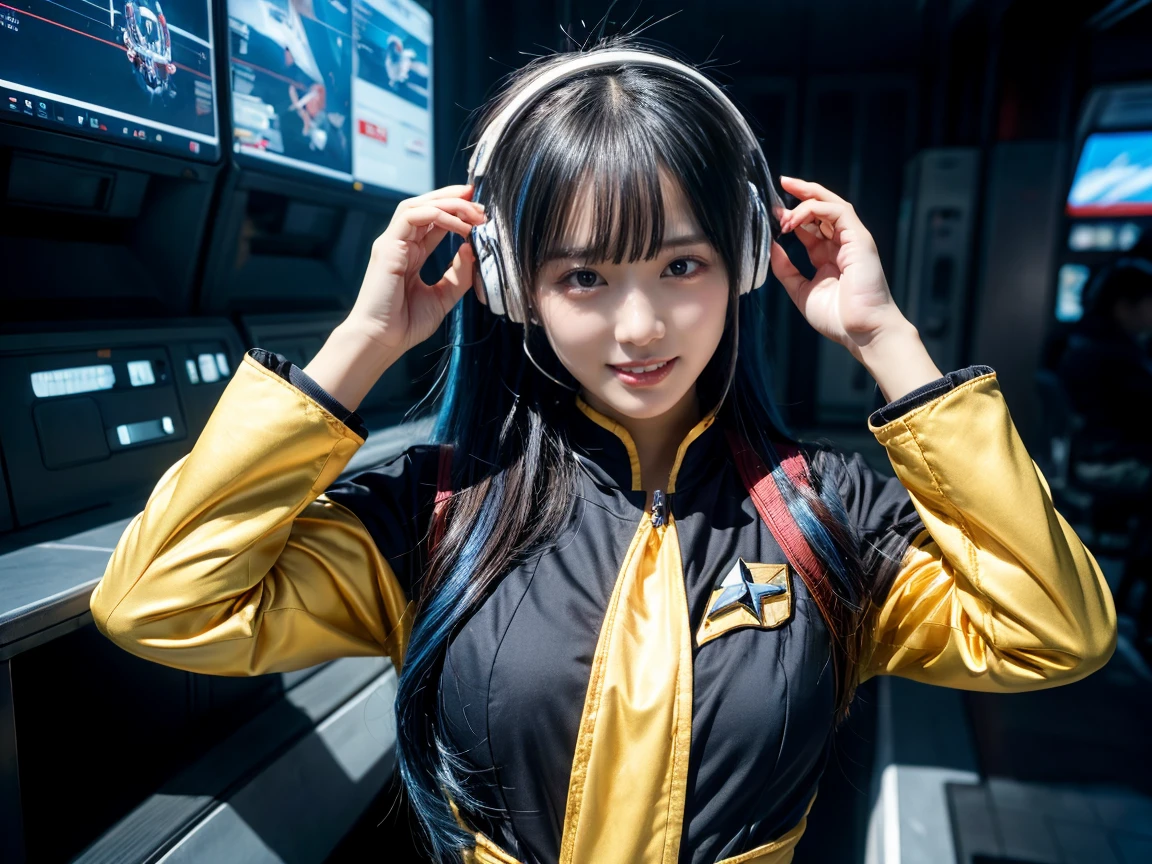 Tabletop, Highest quality, 8k、(Golden ratio face、Balanced Eyes、Very gentle eyelids)、double eyelid、Innocent face、Young Face、Beautiful Nose、Embarrassed Laugh、Lip gloss 、Very beautiful girl、Beautiful girl solo like a model、 Wearing Starfleet Uniformss, Starfleet Uniforms、Clear costume design、Blue Hair、Put the headset on your head、skirt、pantyhose、Android、battleship cockpit,ＳＦworld,Anime World Girl、Futuristic Background、