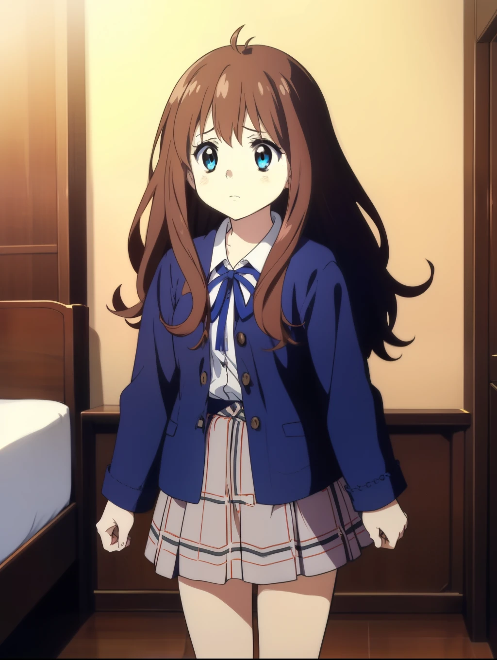 Ai shindou, 1girl, solo, long hair, floating hair, blue skirt, blue uniform, brown hair,  long sleeves, blue sea eyes, plaid, disgust expression, sad, plaid skirt, ribbon, cowboy Shot,
home in the room,
masterpiece, high quality, very_high_resolution, large_filesize, full color,