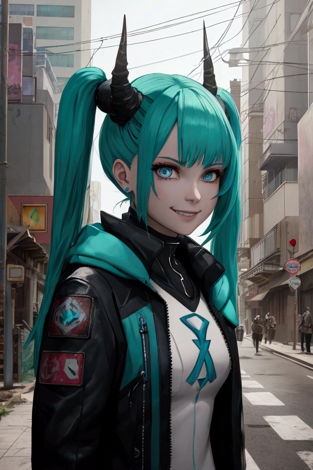 a pretty women with crystal-clear horns, wearing blue-green skiwear, twintails, big beautiful odd eyes, big warm grin, on the streets of a cyberpunk desert city, 1boy, highly detailed, 8k, photorealistic, cinematic lighting, intricate details, vibrant colors, science fiction, cyberpunk aesthetic, dramatic composition, mystical and magical elements