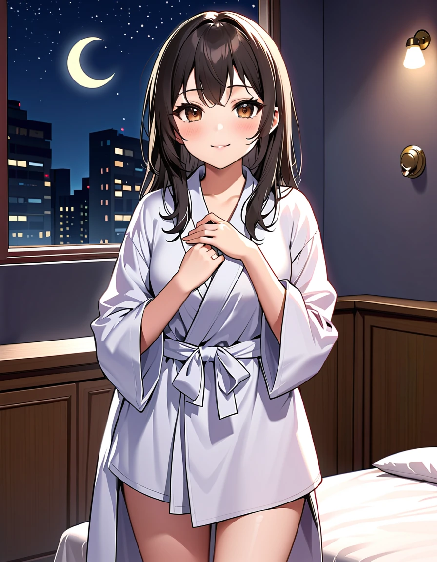 masterpiece), maylsakurai, pov, nude, nipples, ((straddling)), spread legs, leaning forward, blue robe, (sex:1.23), ((pussy)), 1boy, penis, vaginal, small breasts, breasts together, looking at viewer, grin, ((finger to mouth)), blush, bedroom, dark, open window, moonlight