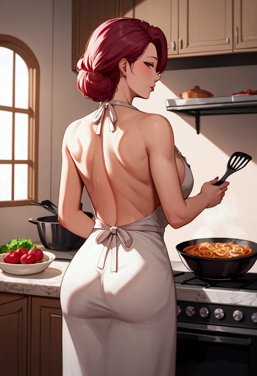 score_9, score_8_up, score_7_up, source_anime,  1girl, mature female, milf, mommy, maroon color hair, Apron only, mommy aura, Older woman, ((backing viewer)), ((cooking)), ((look back to viewer)) , Masterpiece,High quality, 4K