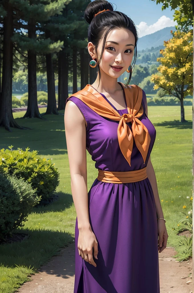 beauty photo of chichi, bun hair, purple dress, earrings, orange neckerchief, looking at viewer, smiling
outside, standing, park, large hills, trees, hdr, extreme detail, depth of field,
