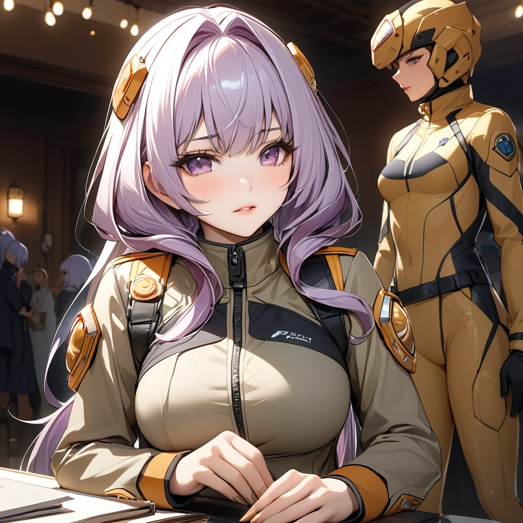 ((Highest quality)), ((masterpiece)), (detailed), （Perfect Face）、The woman has light purple hair in Extia Magica、The woman is wearing a khaki Mao suit.