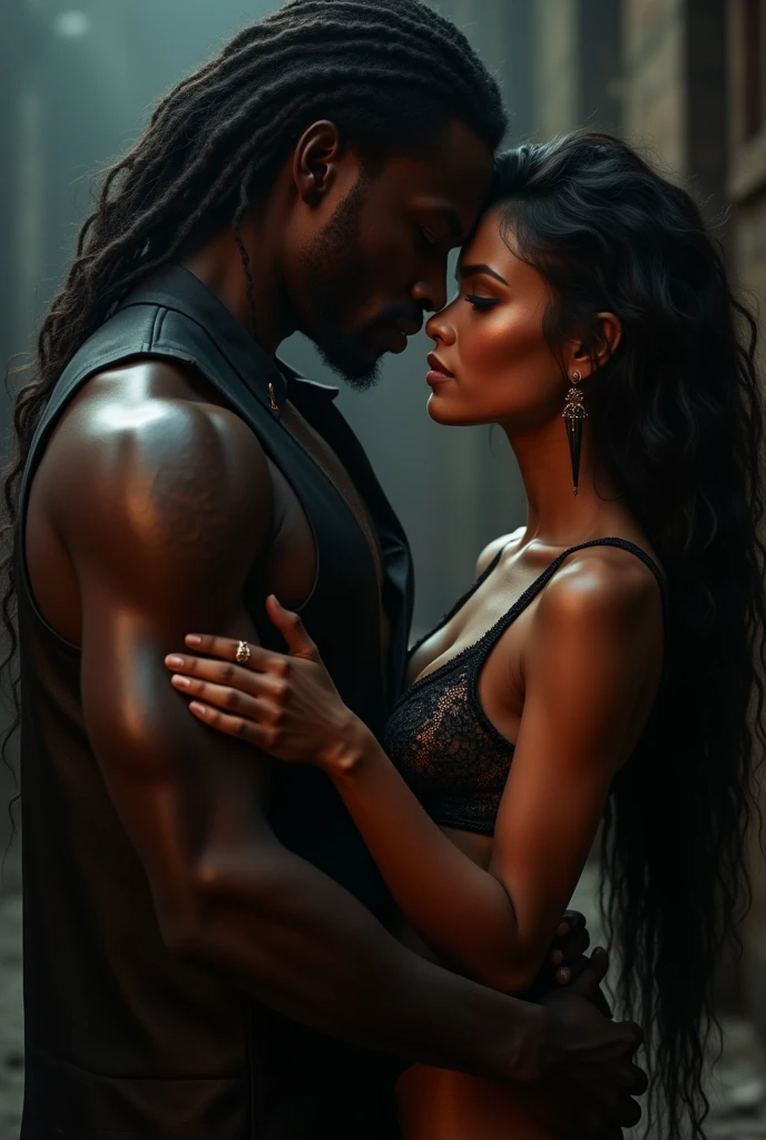 Hot Indian woman, sexy high slit dress, holded by tall, muscular african man infront of other man,outdoor 