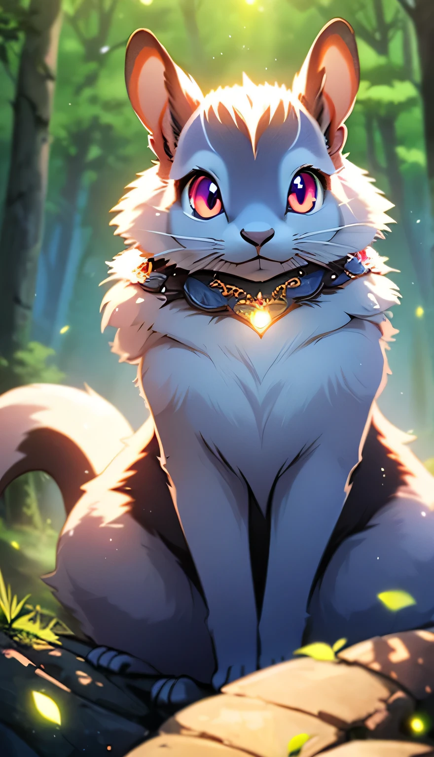 A beautiful humanoid squirrel with gigantic breasts, detailed facial features, long eyelashes, elegant pose, intricate fur texture, glowing eyes, fantasy landscape background, warm lighting, vibrant colors, 8K, photo-realistic, highly detailed, cinematic composition, digital art