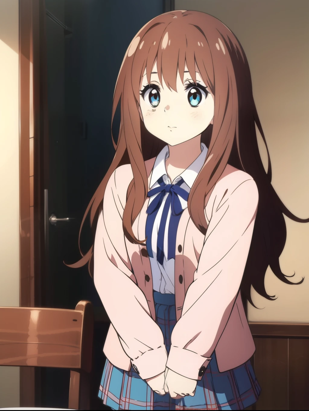 Ai shindou, 1girl, solo, long hair, floating hair, blue skirt, blue uniform, brown hair,  long sleeves, blue sea eyes, plaid, cover mouth and nose, cover mouth  and nose with both hands, plaid skirt, ribbon, cowboy Shot,
home in the room,
masterpiece, high quality, very_high_resolution, large_filesize, full color,