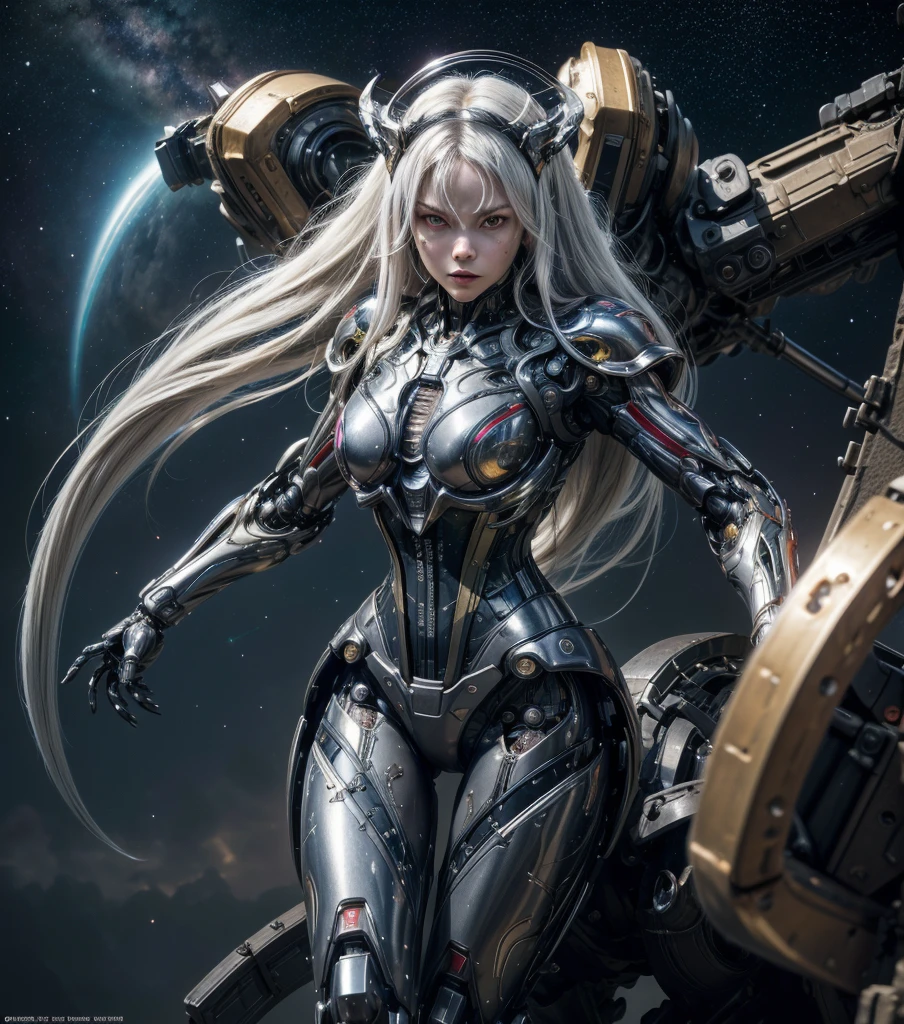 masterpiece,best quality,ultra-detailed,very detailed illustrations,extremely detailed,intricate details,highres,super complex details,extremely detailed 8k cg wallpaper,cowboy shot, caustics,reflection,ray tracing,demontheme,nebula,dark aura,cyber effect, (1girl:1.4),solo,alone,mecha musume,mechanical parts, robot joints,single mechanical arm, headgear, mechanical halo,star halo,intricate mechanical bodysuit, mecha corset, full armor, very long hair,white hair, hair between eyes, multicolored hair, colored inner hair, red eyes,glowing eye,eye trail, random expressions,random action, ancient japanese architecture,pond, starry sky,skyline,