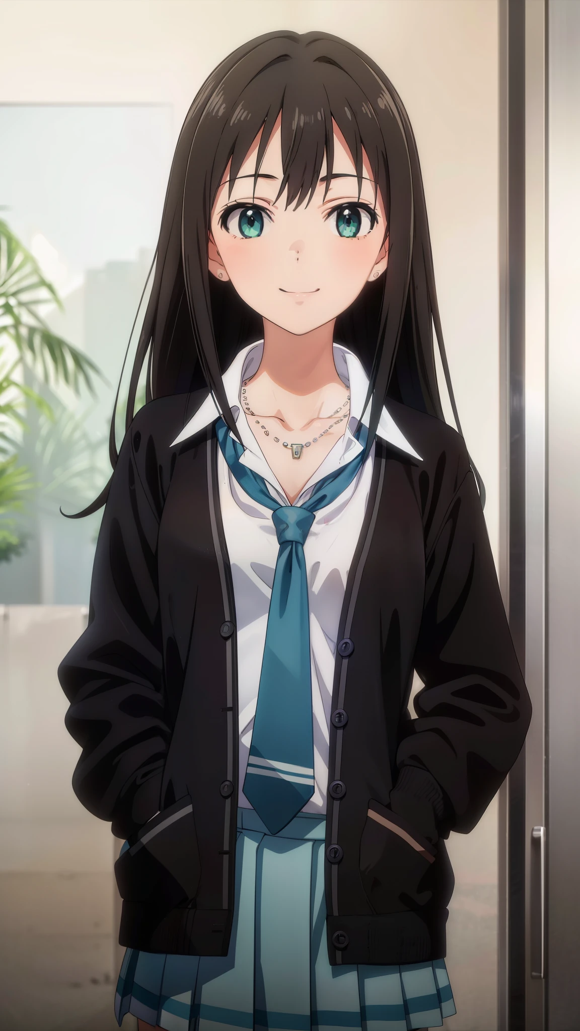 (masterpiece、Highest quality、In 8K、High resolution:1.2)、alone, One Girl, Rin Shibuya、 ((smile))、school uniform、 cardigan, tie, necklace, View your viewers、Cowboy Shot