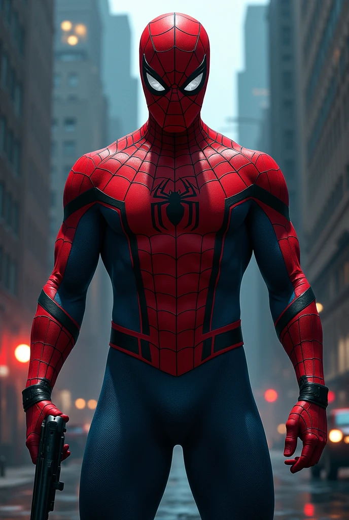 (best quality,4k,highres,ultra-detailed:1.2),superhero,Spider-Man,full-body shot,extremely detailed suit,exquisite mask,shiny reflective textures,elaborate web-patterns,sparkling eyes,superbly crafted spider-emblem,muscular physique,fluid dynamic movements,flying pose,city skyline background,vibrant colors,comic book style, dramatic lighting,gritty and atmospheric ambiance.