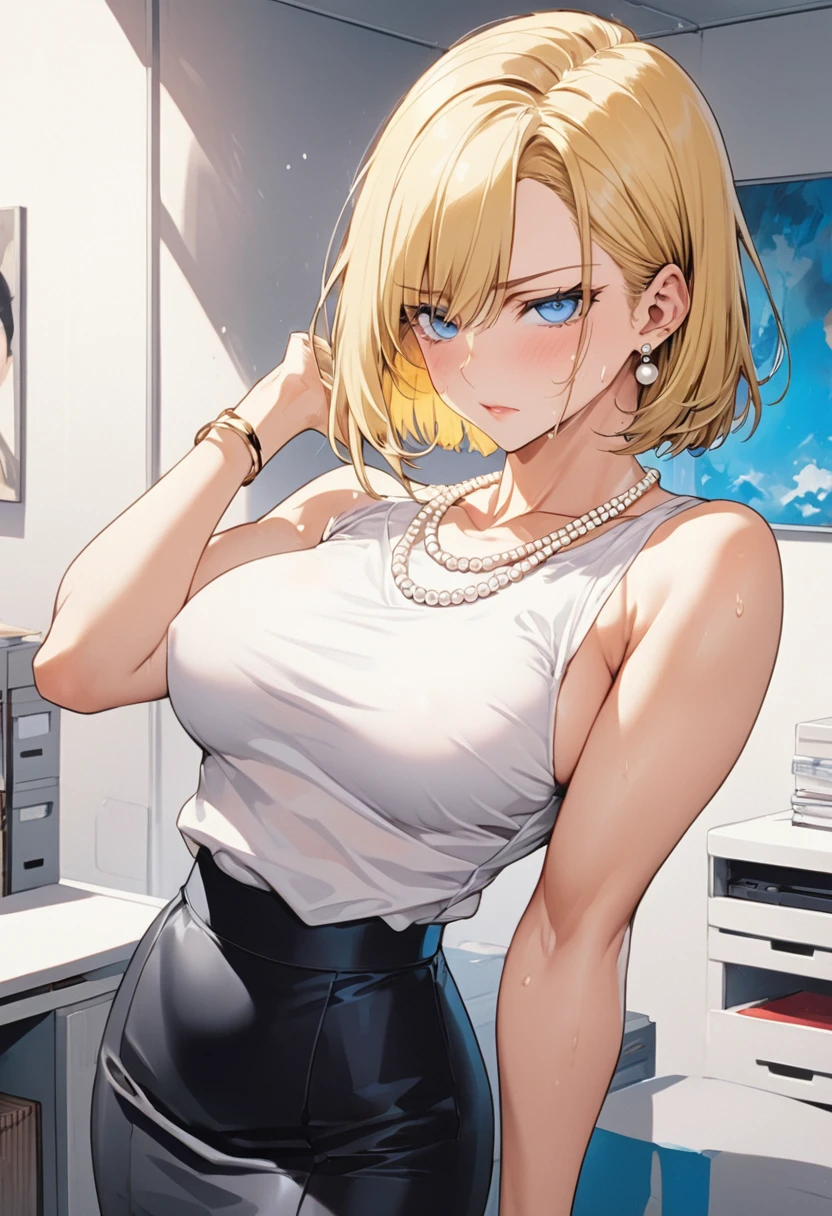 masterpiece, Highest quality, High resolution,16K,beautiful detailed, (Artificial Human Room No. 18),1990s \(style\),(E-cup beautiful breasts)、height: 170cm,Sweating all over the body、Quite muscular、((sexy))、(nsfw),独奏,Anime-style painting style, blonde, blue eyes, Office Lady,White shirt,Black tight skirt,Pearl_necklace, bracelet, short hair, Earrings,A composition that focuses on the whole body,(Cool face)、(Pointed Eyes)