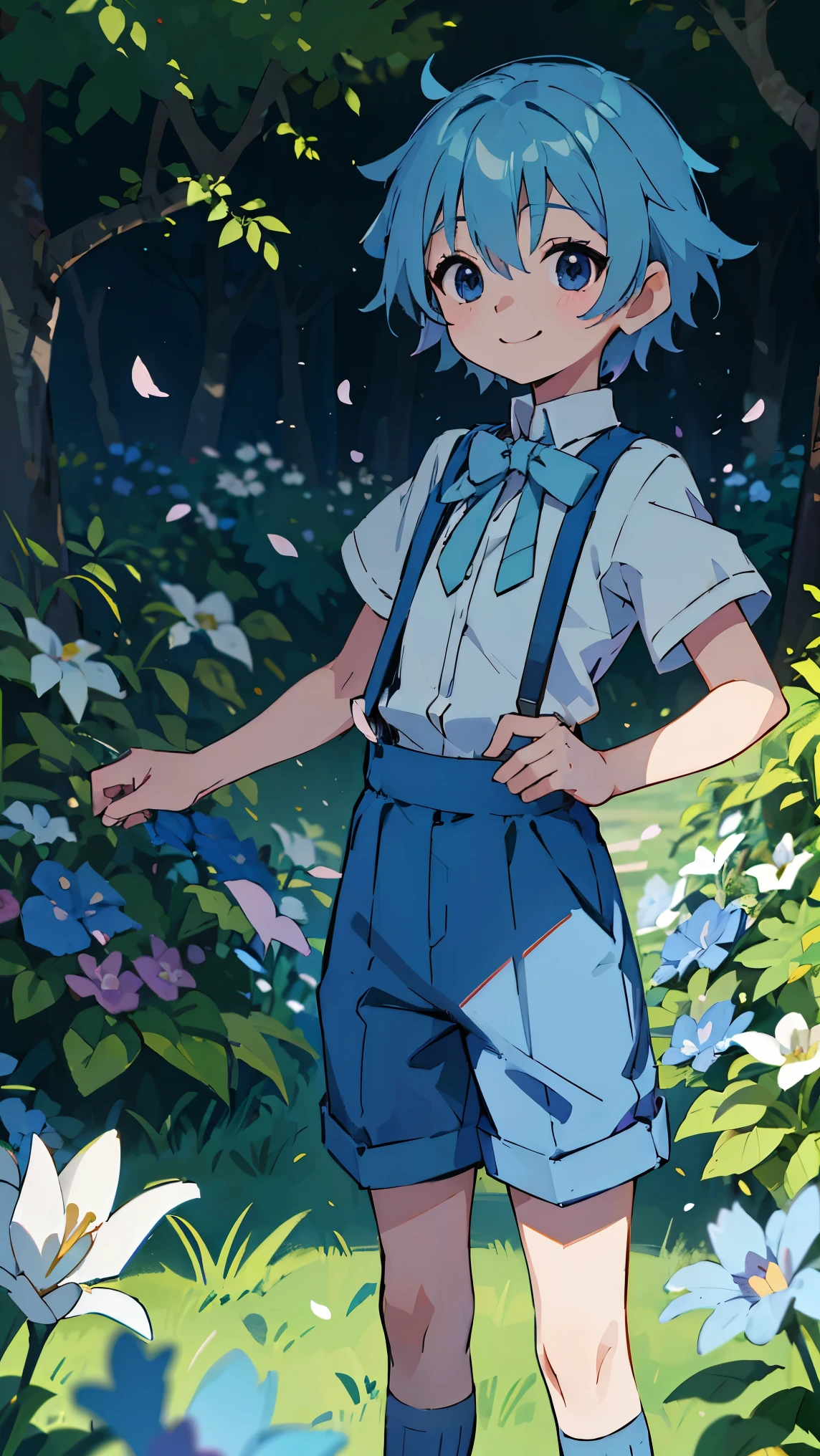 Light and Shadow，The sun shines down，juvenile，suspender pants、light blue hair、short hair、beautiful blue eyes、Smile、Take a photo with a camera， Flowers, many small petals, garden