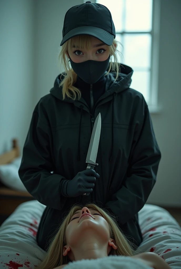 korean girl, (behind corpse, holding knife), black surgical mask, black gloves, room full of blood, black raincoat, trucker hat, holding knife, black gloves, woman on top, behind corpse, blood splatter, on the bed, looking at viewer, mass murderer, killer, low ponytail, blood splatter, dark atmosphere, cinematic lighting, atmospheric realistic, light from the window, close-up,