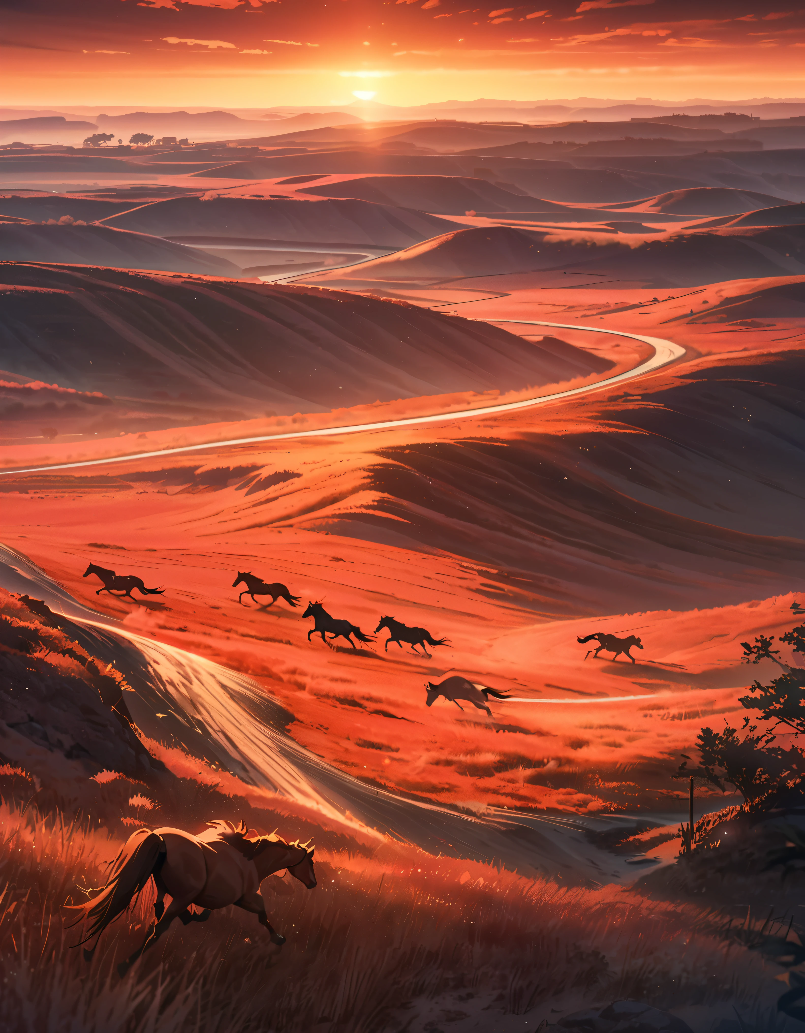 anime aestetics, anime scenery, savanna, wild horses running through the field, huge canion on the background, landscapes of america, dry grass, red stones, sunset, red skies, perfect quality, breathtaking view, wide shot, from above, perspective, atmospheric perspective, highres, best quality, 16k, award winning, super detail, masterpiece, UHD