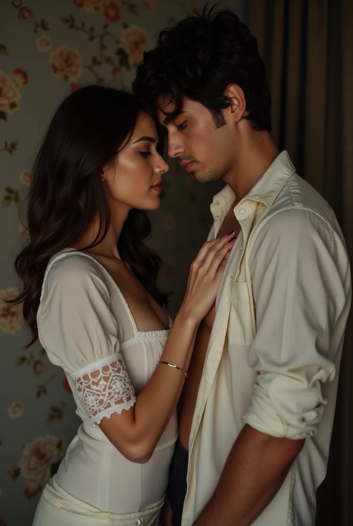 photorealistic couple portrait, husband short hair, husband wearing white collared shirt and black pants, wife long hair, wife wearing floral summer dress, standing straight, romantic pose, husband and wife facing straight to viewer, living room background, detailed facial features, intricate clothing textures, warm natural lighting, shallow depth of field, cinematic composition, vibrant colors, high-quality digital painting