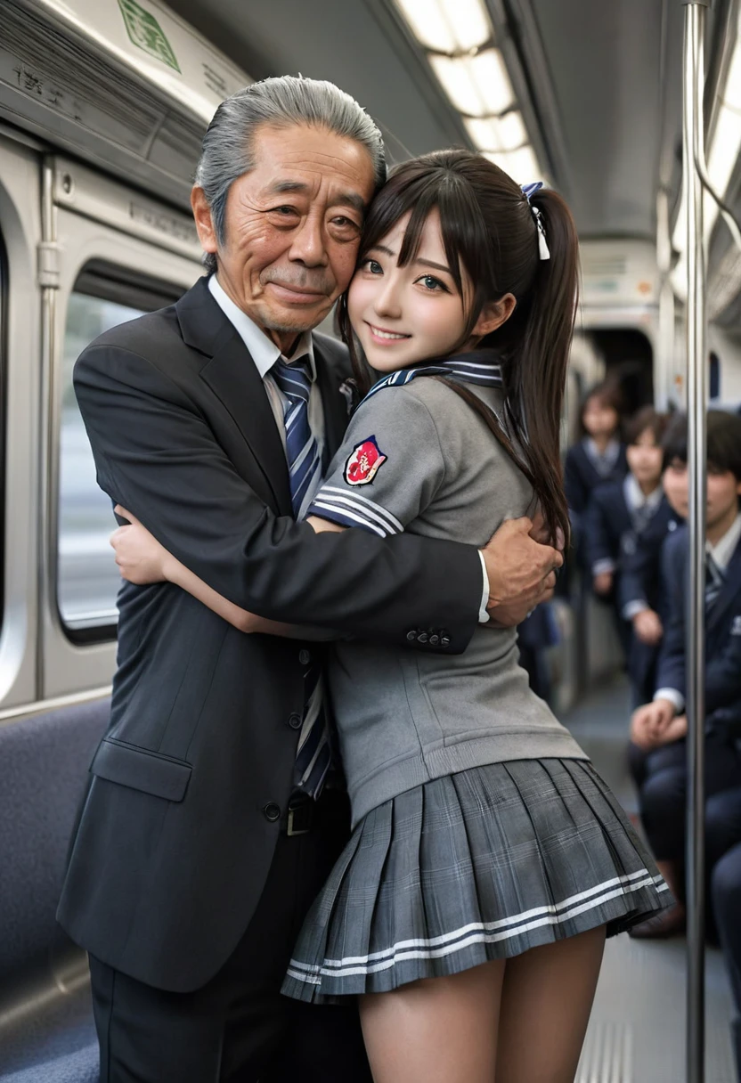 NSFW Viewer discretion advised, Crowded train, Japan , Handsome man hugging his girlfriend from behind, speak in her ear, Lift her up, Miniskirt twisted up, 40k, photograph, masterpiece, Highest quality, Dark Gray Background, 　((Japan girls' high school uniform)), An elderly man is leaning on her from behind、i held you up, Mr..々Strike a Pose.