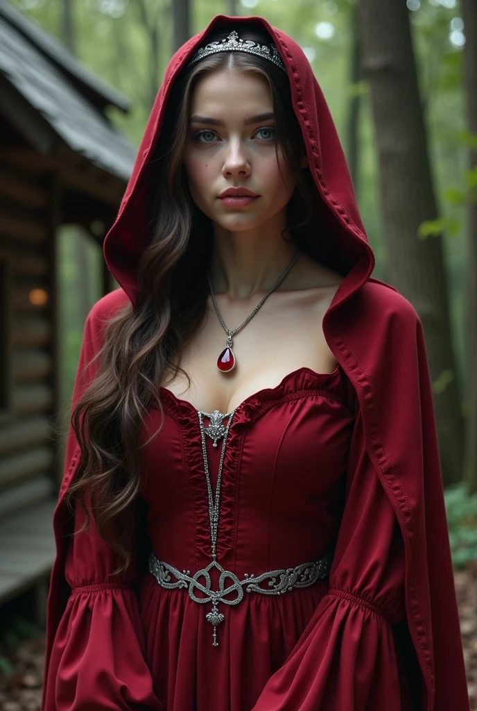 (((topless)))(((a naked))) Red Riding Hood,illustration,wolf,dark forest,beautiful girl,surprised expression,detailed eyes and lips,best quality,ultra-detailed,fairy tale fantasy,enchanted atmosphere,warm color tone,soft lighting