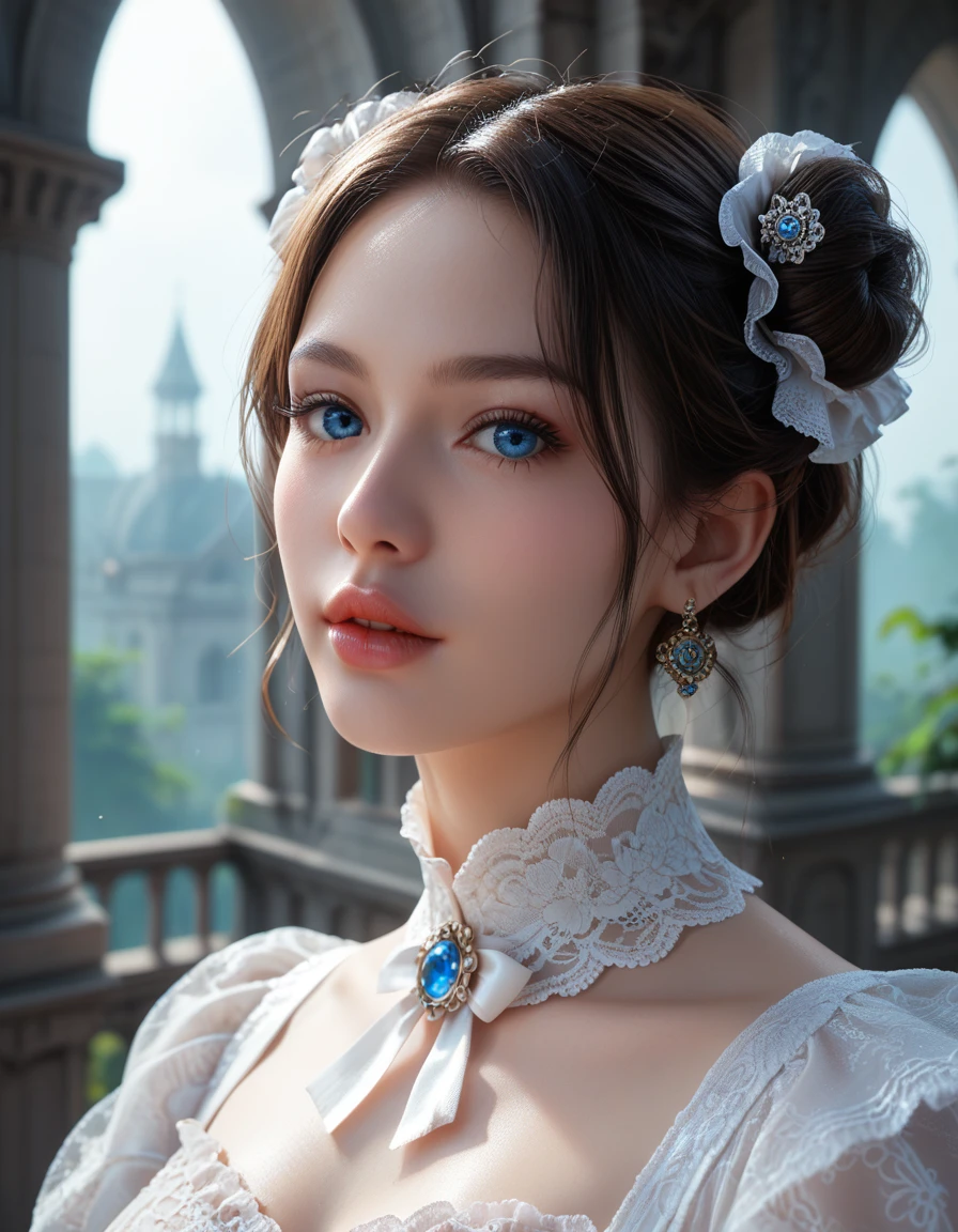 score_9, score_8_up, score_7_up, 1girl, solo, close-up, beautiful vampire standing under a marble arch, white buns, looking at the viewer, elaborate Victorian lace dress, Victorian style, dark atmosphere, foggy, detailed blue eyes, detailed lips.