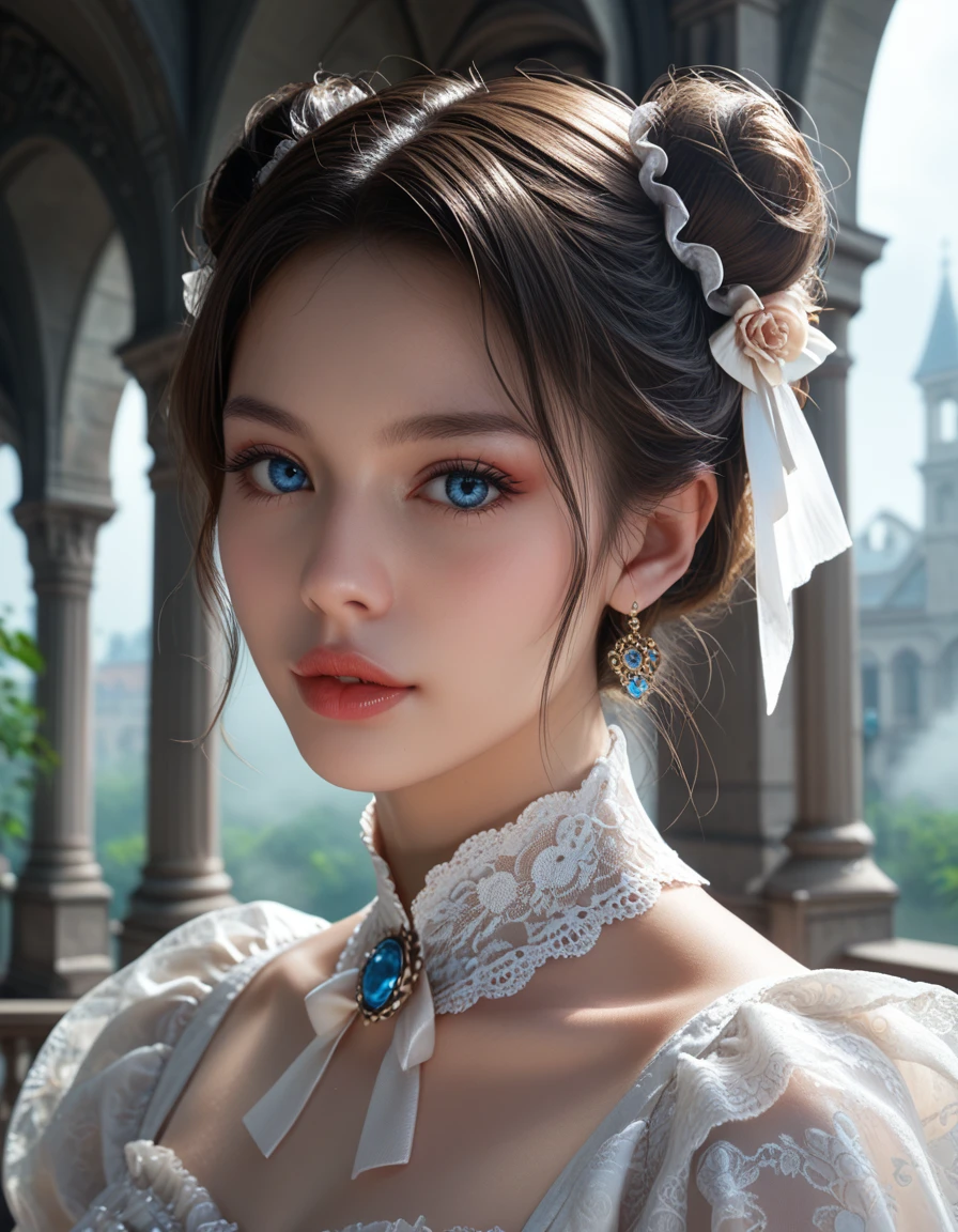 score_9, score_8_up, score_7_up, 1girl, solo, close-up, beautiful vampire standing under a marble arch, white buns, looking at the viewer, elaborate Victorian lace dress, Victorian style, dark atmosphere, foggy, detailed blue eyes, detailed lips.