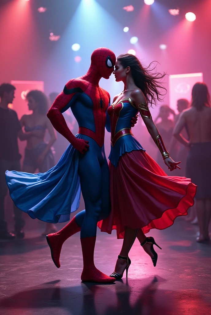 Three gorgeous women (varied height, varied weight, varied race, wearing a towel or less, crazy hairdo, crazy jewelry, tend towards fit and hourglass figure) they are flirting with Spider Man, women's locker room. Spiderman has webbed a villain to the wall, he is embarrassed by the women's attention