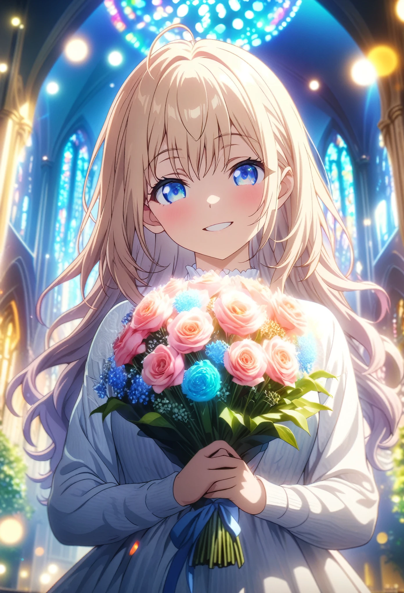 Masterpiece, highest quality, highly detailed CG Unity 8k wallpaper, one girl, anime screenshot, holding a bouquet of flowers glowing in colorful neon colors, best smile, church in the background, depth of field, bokeh photography, (soft focus):1.2, out-of-focus highlights, dreamy ambiance, glowing circles, mesmerizing depth