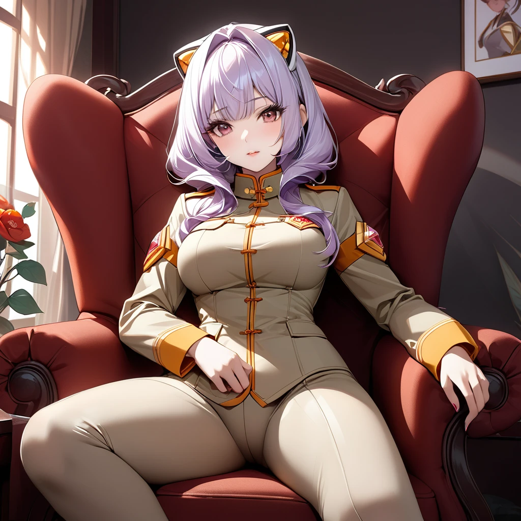 ((Highest quality)), ((masterpiece)), (detailed), （Perfect Face）、The woman is Extia Magica, has light purple hair and is the wife of a Chinese Communist Party member.、The woman is wearing a khaki Mao suit.