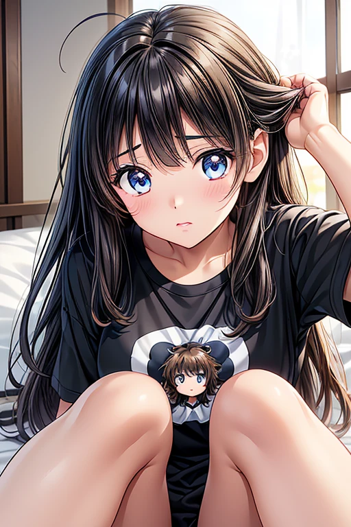 1girl in、22 years old、Masturbates,pussy、blowjob,sucking dick,That's right、Delicately、sad expression、brown hair、Room、Heart pillow、Looks like anime、illustartion、hiquality、puro, multiple views,Little ass visible