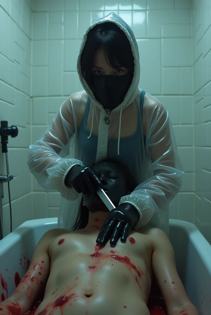 korean girl, (behind corpse, surgical mask), holding knife, stabbing, latex gloves, bath full of blood, transparent raincoat, hood up, holding knife, white gloves, behind corpse, blood splatter, mass murderer, killer, long bangs, in the house,