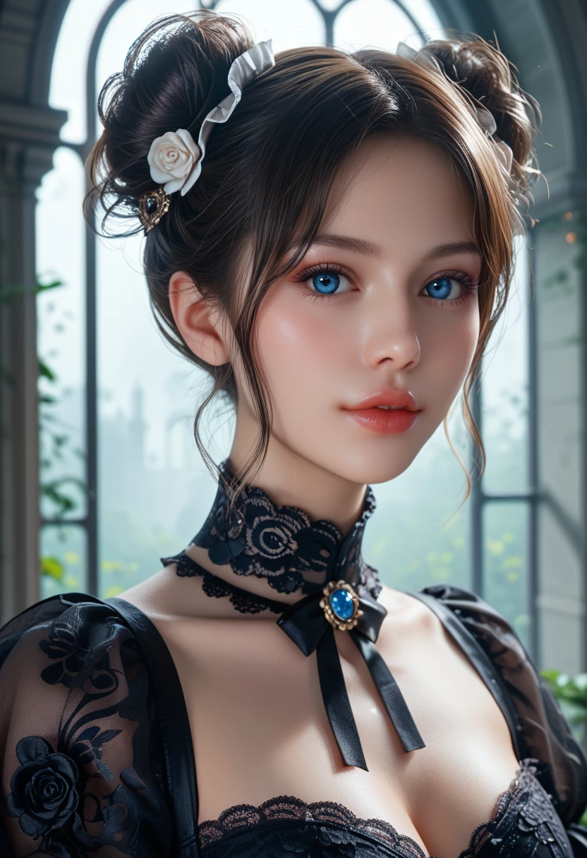 score_9, score_8_up, score_7_up, 1girl, solo, close-up, beautiful vampire standing under a marble arch, white buns, looking at the viewer, elaborate Victorian black lace dress, Victorian style, dark atmosphere, foggy, detailed blue eyes, detailed lips.
