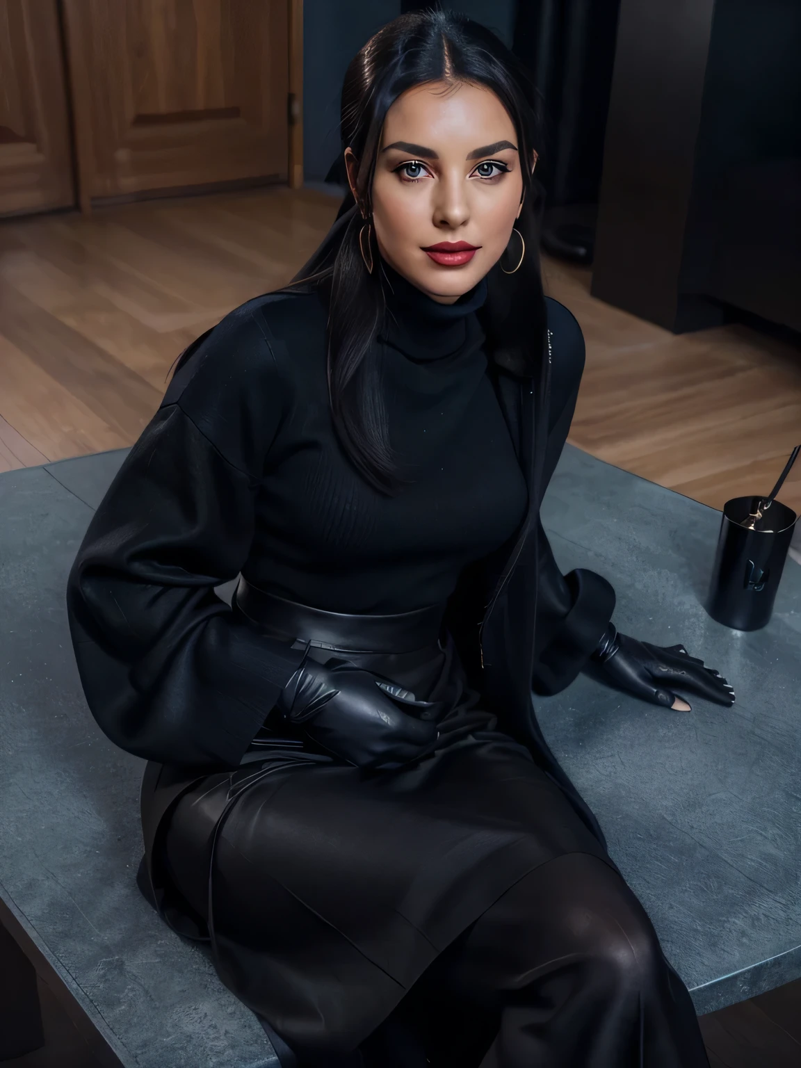 photo of a completly clothed prime minister of parliament woman with a smile lying on teh luxory desk legs crossed, ,waitin for the man she loves , monica bellucci at 32 , ((incredibly clear blue eyes )) (( flirting with the camera)) (( lookin at the camera)) (( red lipstick)) (( Monica is dressed with a long black leatehr coat large sleeves over a blue  tellier  jacket blue turtleneck sweater , gold chain, and a large covering all her legs black long maxi-skirt(black long maxi-skirt:1.2 )) (( black soft stiletto Leather boots )) (( black ponytail hair)) (( she is wearing his favorite vintage grey silk gloves )) (( she is sensually caressing her black boots)) (( the photo is from above)) 4k 8k ultradetailed, kodak print, detailed realistic face, 4k 8k ultradetailed, smooth images, realistic woman, detailed eyes, detailed face, detailed lips