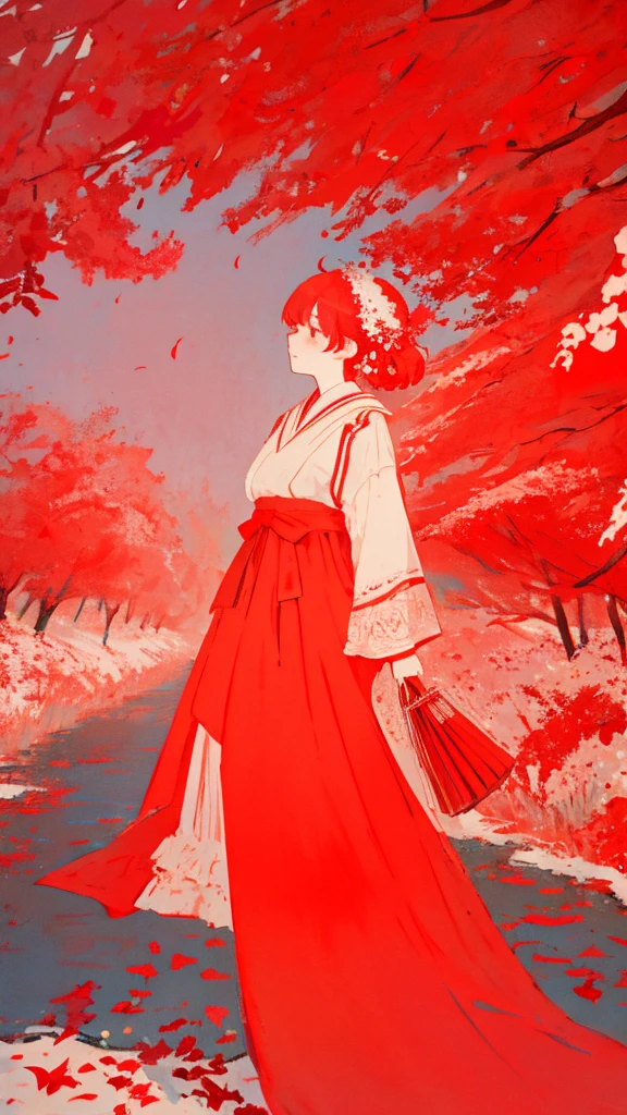 teacher、limited palette、colourfull、landscapes、Woman in wedding dress、the woods、natta、Red flowers、red leaves、Detailed background、​masterpiece、top-quality、Torii