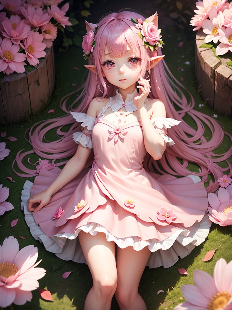 cute little Fairy, blue butterfly, pinkl hair, pink eyes, pink dress pointy ears dress made of petals leaves微笑む, Very long hair, Long pointed ears, flower、Leaf-style head dress, Feather Hair Accessories,