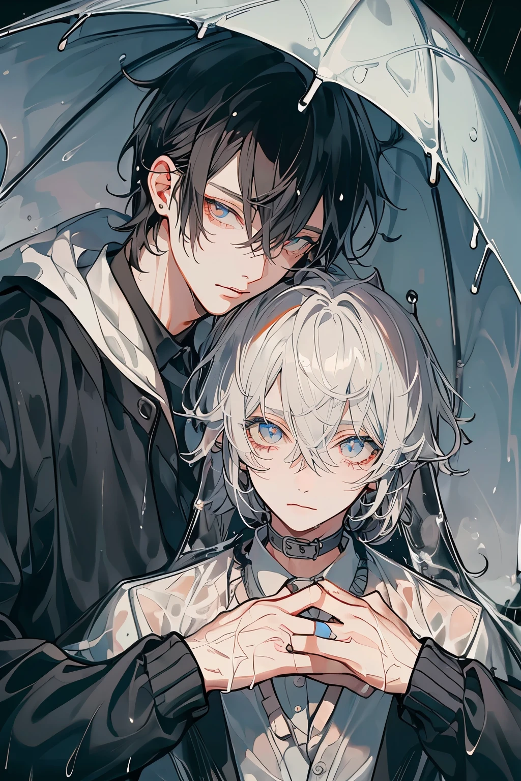 Anime couple under umbrella in the rain with blue eyes - SeaArt AI
