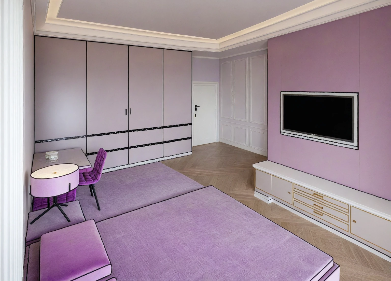 Neoclassical (BED room : 1.3 )  interior, white tone, wooden floor, gray carpet, ceiling light, light purple sofa and flower, picture, white curtain on the left, (picture:1.1), marble wall, many moldings, wall lamp,window, natural light