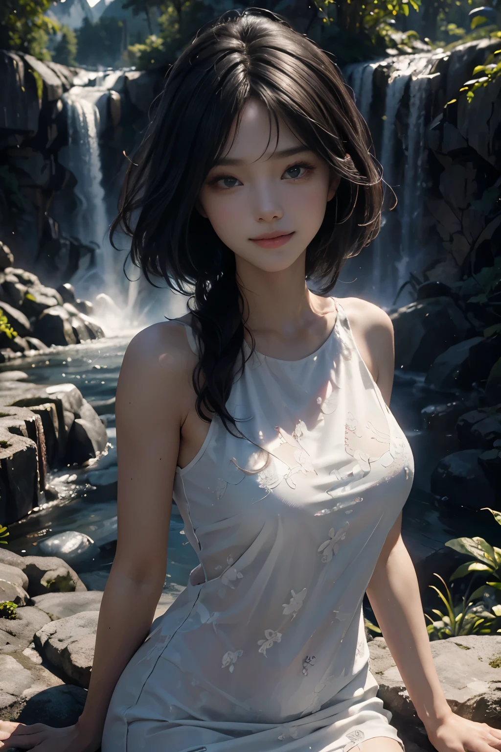 Woman in black T-shirt,Soak in the hot springs,Soaked all over