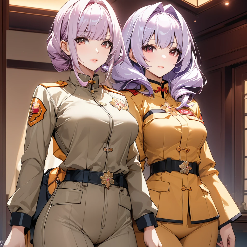 ((Highest quality)), ((masterpiece)), (detailed), （Perfect Face）、The woman is Extia Magica, has light purple hair and is the wife of a Chinese Communist Party member.、The woman is wearing a khaki Mao suit.