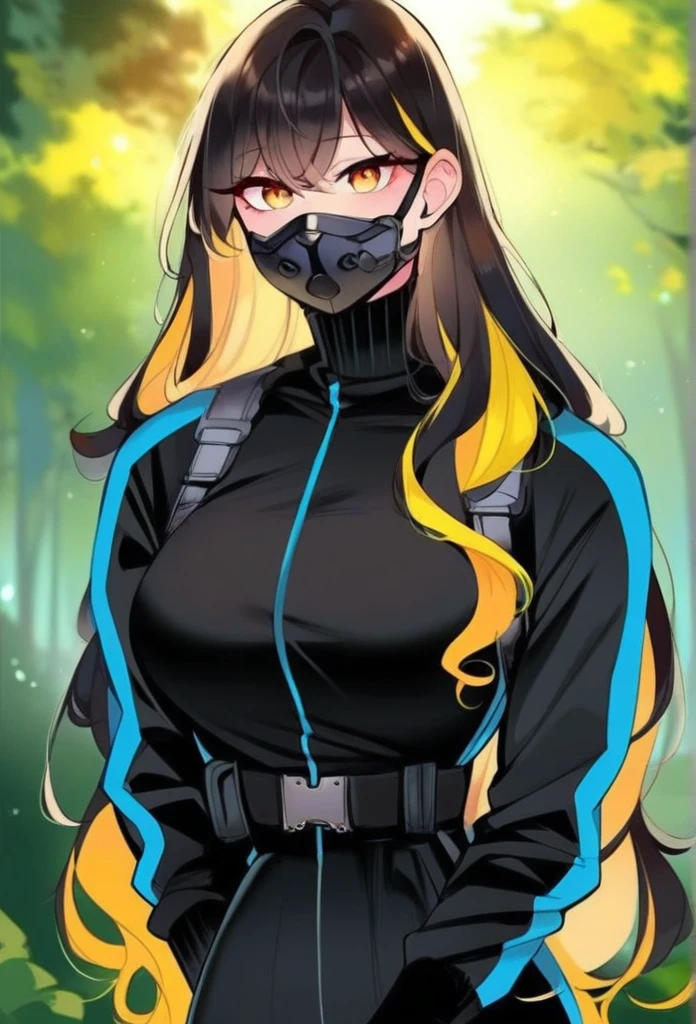 juder_style, score_9, score_8_up, score_7_up, score_6_up, score_5_up, score_4_up, hd, (ultra hd quality details), 8K, 1girl, long hair, Hourglass body, yellow eyes, black hair, yellow highlights, 2d illustration, wavy hair, forest, black tactical outfit, black mask
