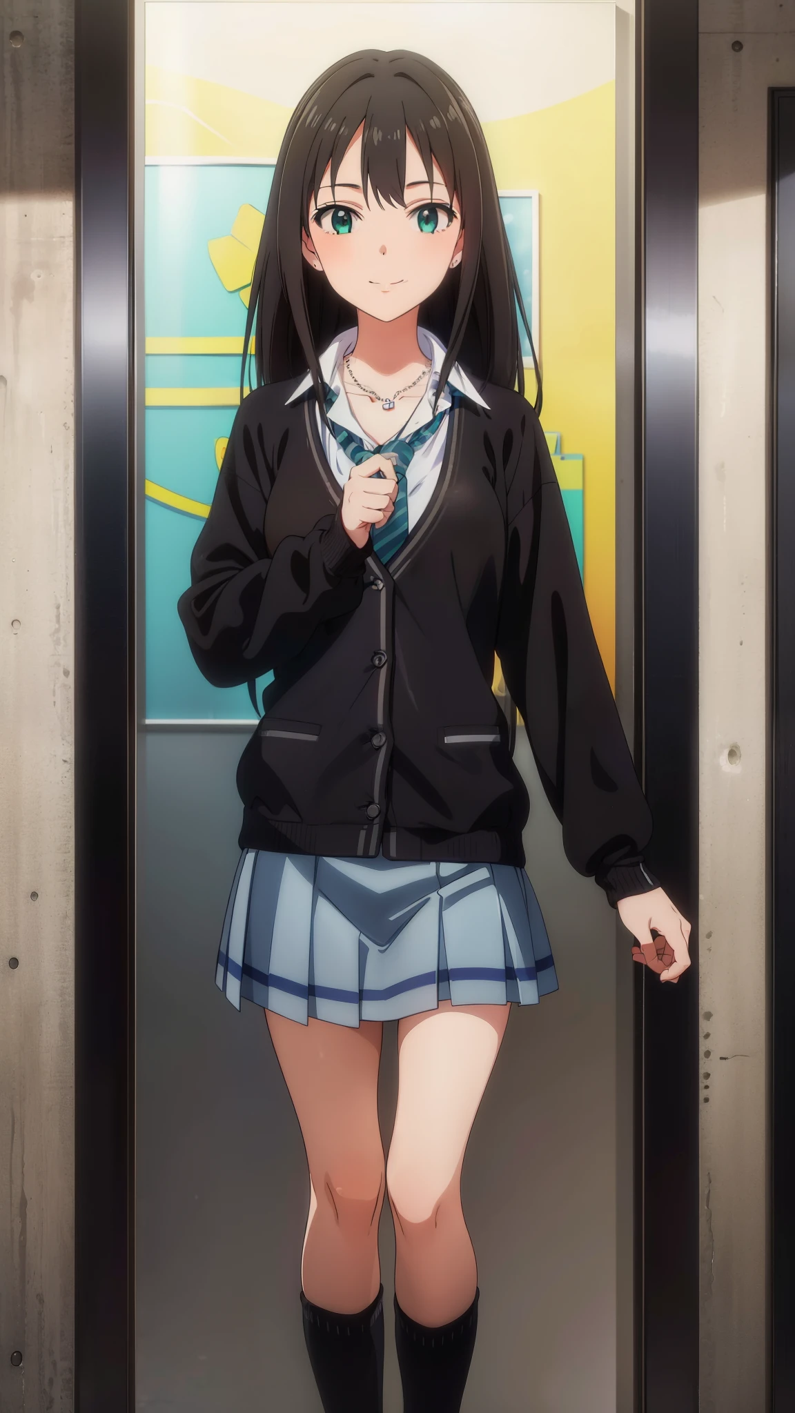 (masterpiece、Highest quality、In 8K、High resolution:1.2)、alone, One Girl, Rin Shibuya、 ((smile))、school uniform、 cardigan, tie, necklace, View your viewers、Cowboy Shot