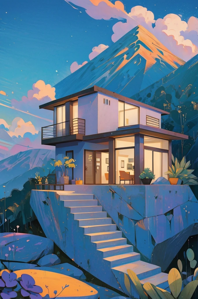 small and beautiful modern house in top of big boulders, terraces, pool, stairs, multiple cacti gardens, palms, trees, rocks, beautiful landscape design, mountains and volcano y background, amazing clouds, sun, moon, planets, milky way galaxy, concrete, wood, glass and steel materials, olive green, violet, orange and withe colors in facade