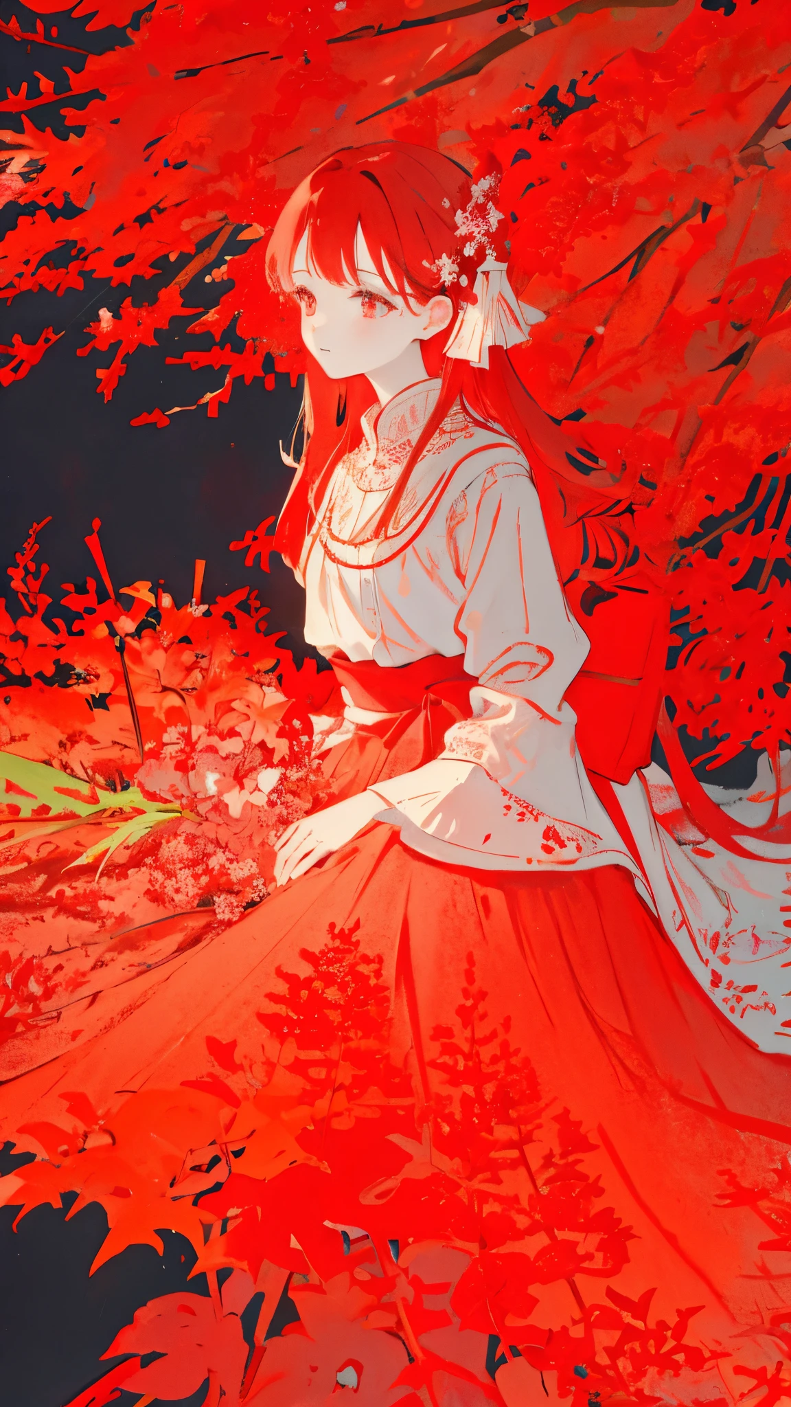 teacher、limited palette、colourfull、landscapes、Woman in wedding dress、the woods、natta、Red flowers、red leaves、Detailed background、​masterpiece、top-quality、Torii