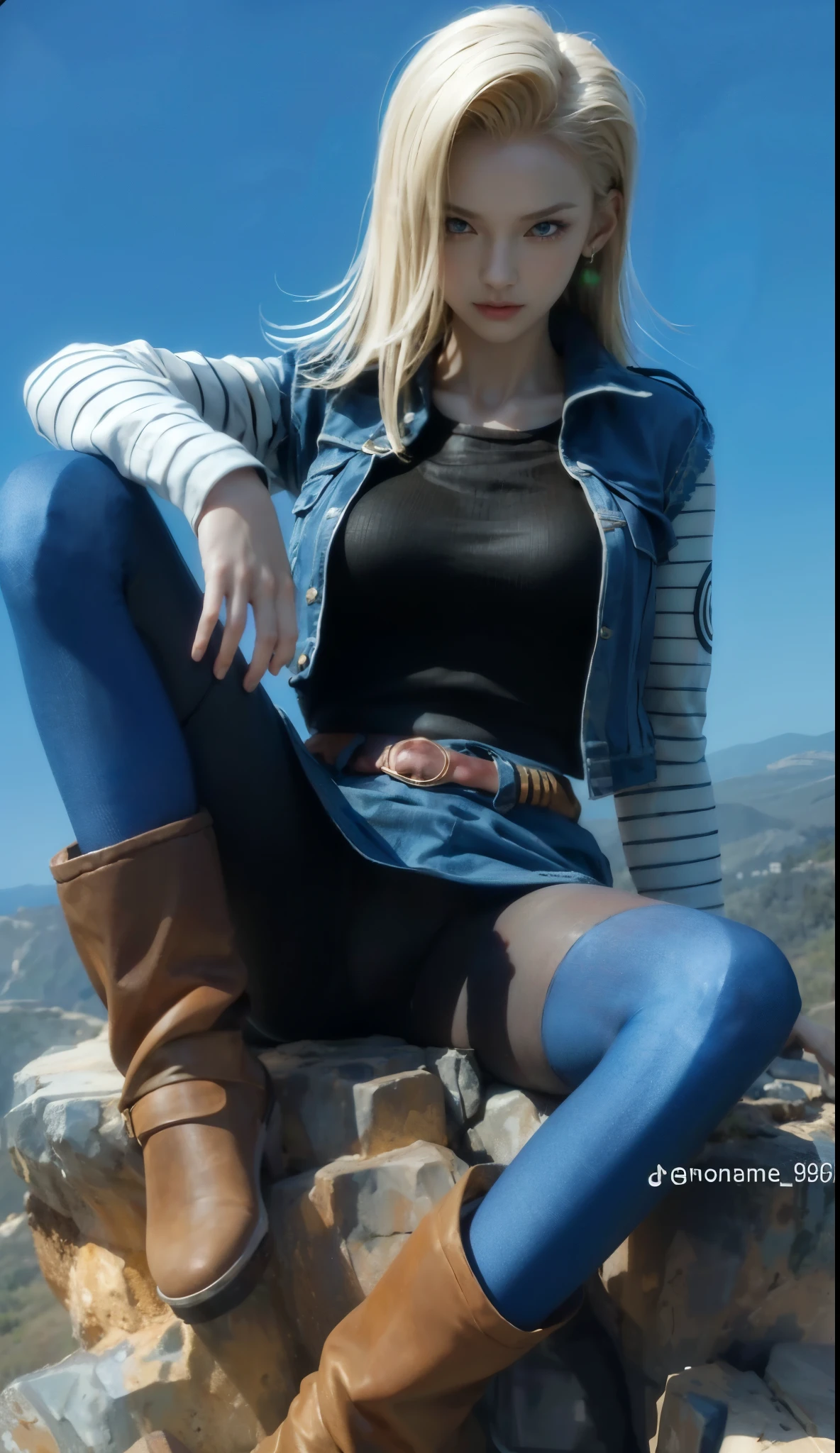 サイドパートのブロンドヘアのAndroid 18, Straight style, デニムベストの上には黒のトップスを着ているAndroid 18. 青いタイツを履いているAndroid 18, ワイドベルト付きのミニスカートのAndroid 18, and brown boots. She is casually sitting on a rock, One knee is up and the other leg is down, In a relaxed pose. The gaze turns to the side、. In the background、Under the blue sky、Outdoor landscape with hills, Creates a vibrant and fresh atmosphere. The lighting is natural, Did it come from above?, Cast soft shadows. Photo、It appears to have been shot at a frontal angle with a deep depth of field., Clarify both subject and context.Sharp, long eyes、Sharp Eyes、cool、Android 18,{{{{{{{(masterpiece, .CGI:1.4),(8k raw photo, best quality, masterpiece:1.2) super detailed official art,photorealistic:1.37, (outstanding, professional),masterpiece,best quality,ultra detailed,highres,high-resolution,4K,4Kportrait,8k,8kportrait,unity8kwallpaper,extremely detailed CG,realistic,RAW photo,real person,portrait photography,photorealistic,shiny skin,detailed skin,(((dynamic angle full body 
 and dynamic angle wide shot
 and dynamic angle close-up
 and dynamic angle upper body
 and dynamic angle from above
 and dynamic angle from behind
 and dynamic angle from below
 ))),{{{{supermodel }}}},{{{{Photorealistic:1.4}}}}, beautiful detailed, highly detailed eyes and face, beautiful detailed eyes, ridiculous, incredibly ridiculous, super detailed, high resolution, highly detailed, top quality, masterpiece, illustration, highly detailed, CG, unified, 8k wallpaper, amazing, fine detail, masterpiece, top quality, highly detailed CG unified 8k wallpaper, face light, movie lighting,surrealistic female portrait, magic lights, 32K resolution, action poses, realistic photography, dynamic lighting, art station, volume lighting, highly detailed face, awarded, shadows}}}}}}}