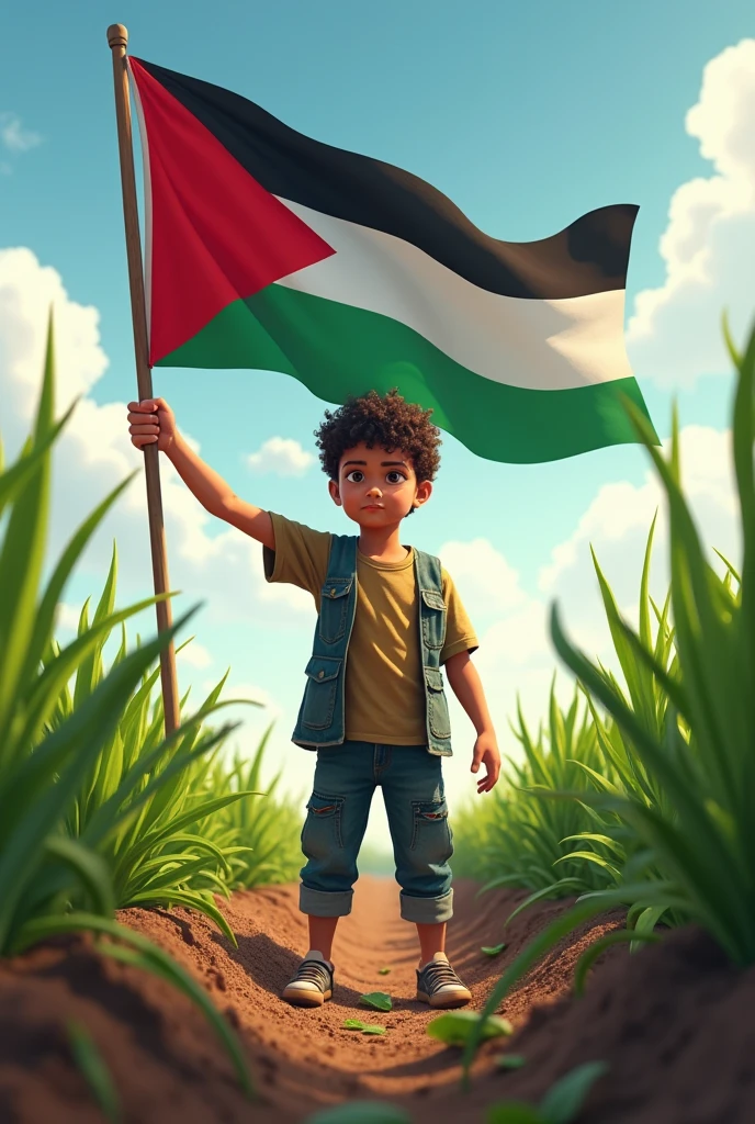 digital art of a young boy stands proudly and holding a large Palestine flag , set against a backdrop of palm trees and a clear sky. the boy has Palestinian Chafee. front side view with wide angle .
