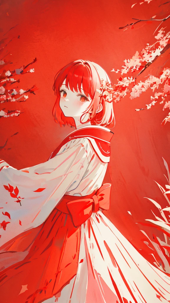 teacher、limited palette、colourfull、landscapes、Woman in wedding dress、the woods、natta、Red flowers、red leaves、Detailed background、​masterpiece、top-quality、Torii