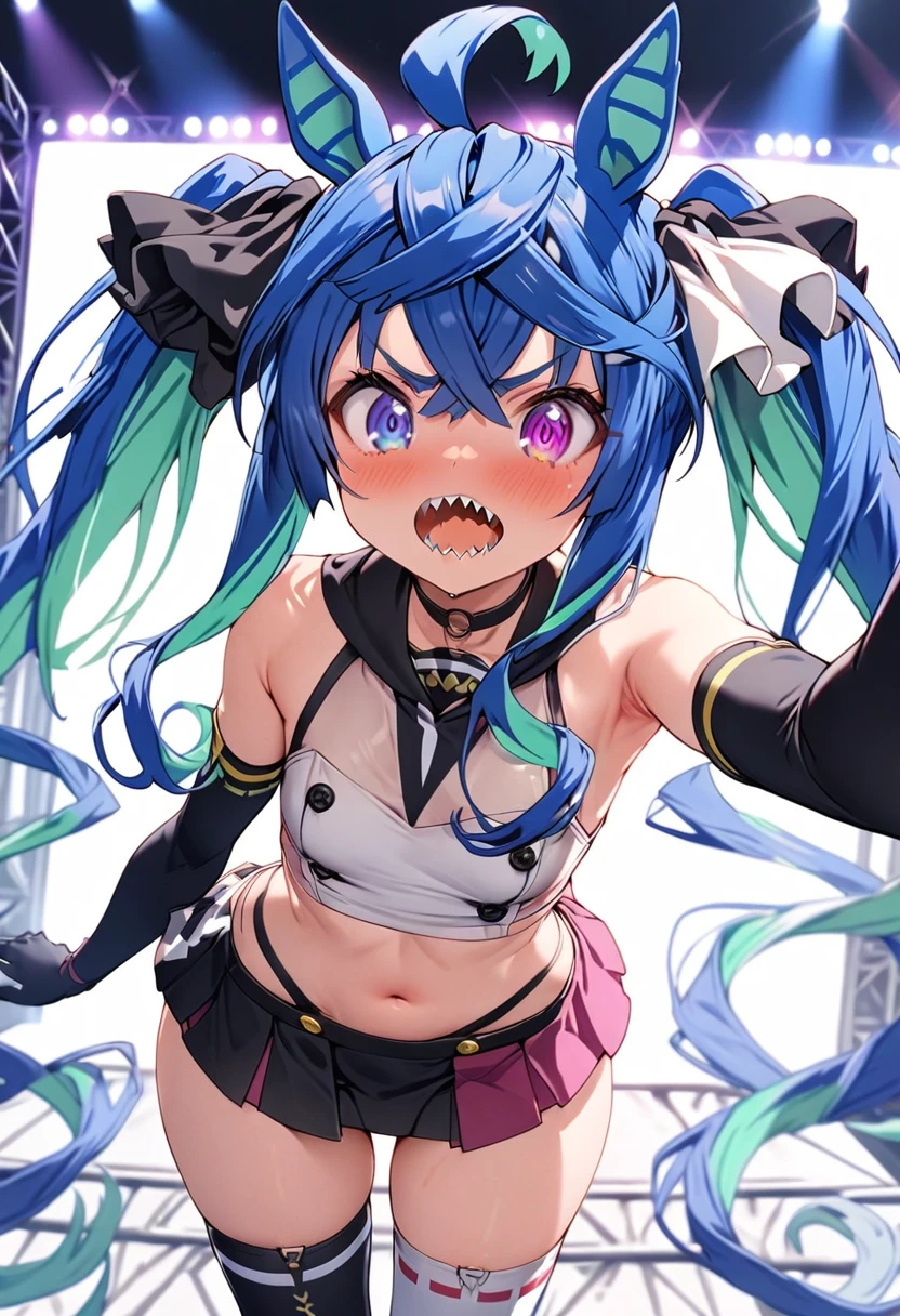 masterpiece,Highest quality,High resolution,Super detailed, solo, 1girl, live stage, ((cute)), Twin Turbo, Umamusume, aqua hair, twintails, heterochromia, purple eyes, blue eyes, sharp teeth, kantai collection, shimakaze costume outfit, (crop top, microskirt, thighhighs,elbow glovestongue, g-string), Gal,  body shape, Embarrassed, seductive model posing, perfect anatomy, noise removal