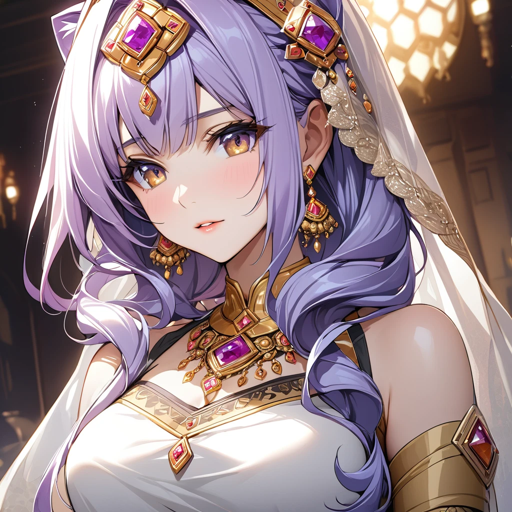 ((Highest quality)), ((masterpiece)), (detailed), （Perfect Face）、The woman has light purple hair in Extia Magica、The woman is wearing the traditional Indian dress, a sari.