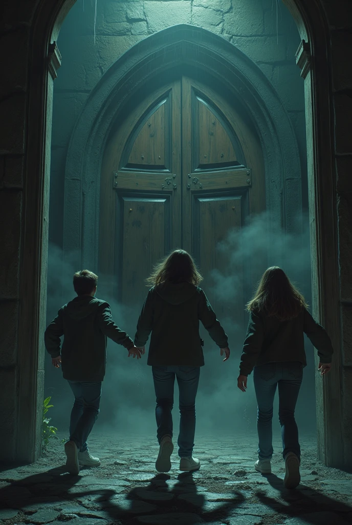 The three friends are shown in panic, trying to run towards the exit of ...