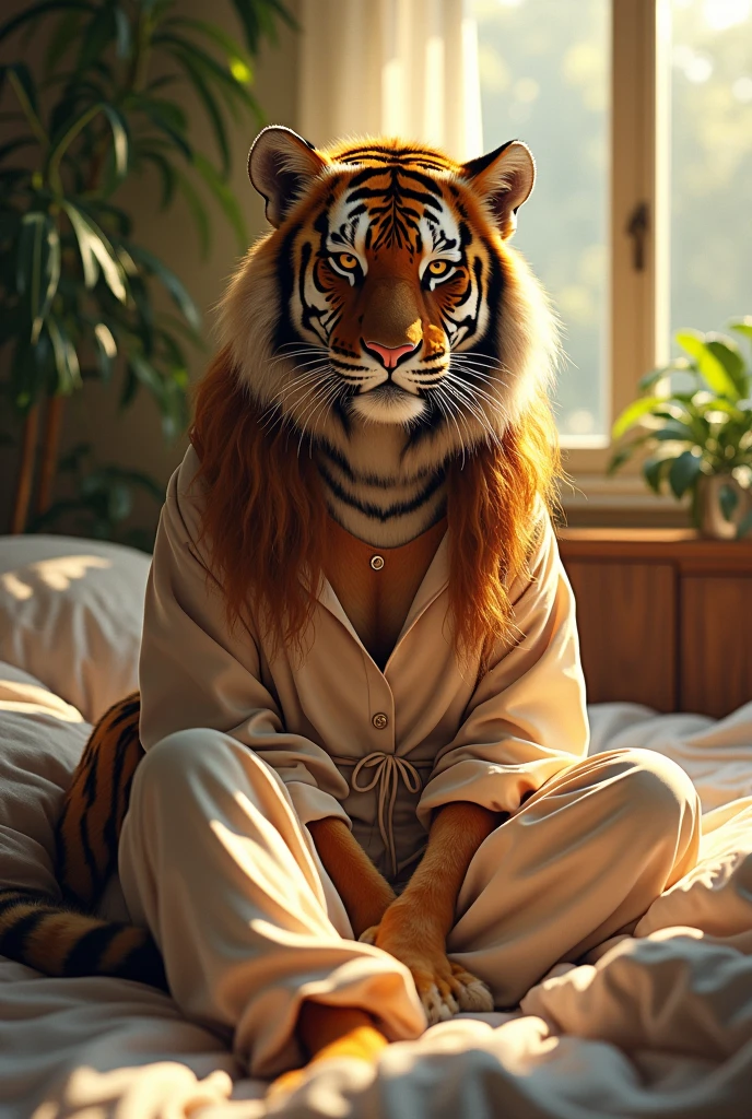 (photorealism:1.2), beautiful tiger, sitting on river, wearing loose off-shoulder top, pajama pants, long curly hair, indoors, soft lighting, plants in background, window with sunlight, cozy room, relaxed pose, realistic, intricate details, green colors, by Greg Rutkowski, by Alphonse Mucha