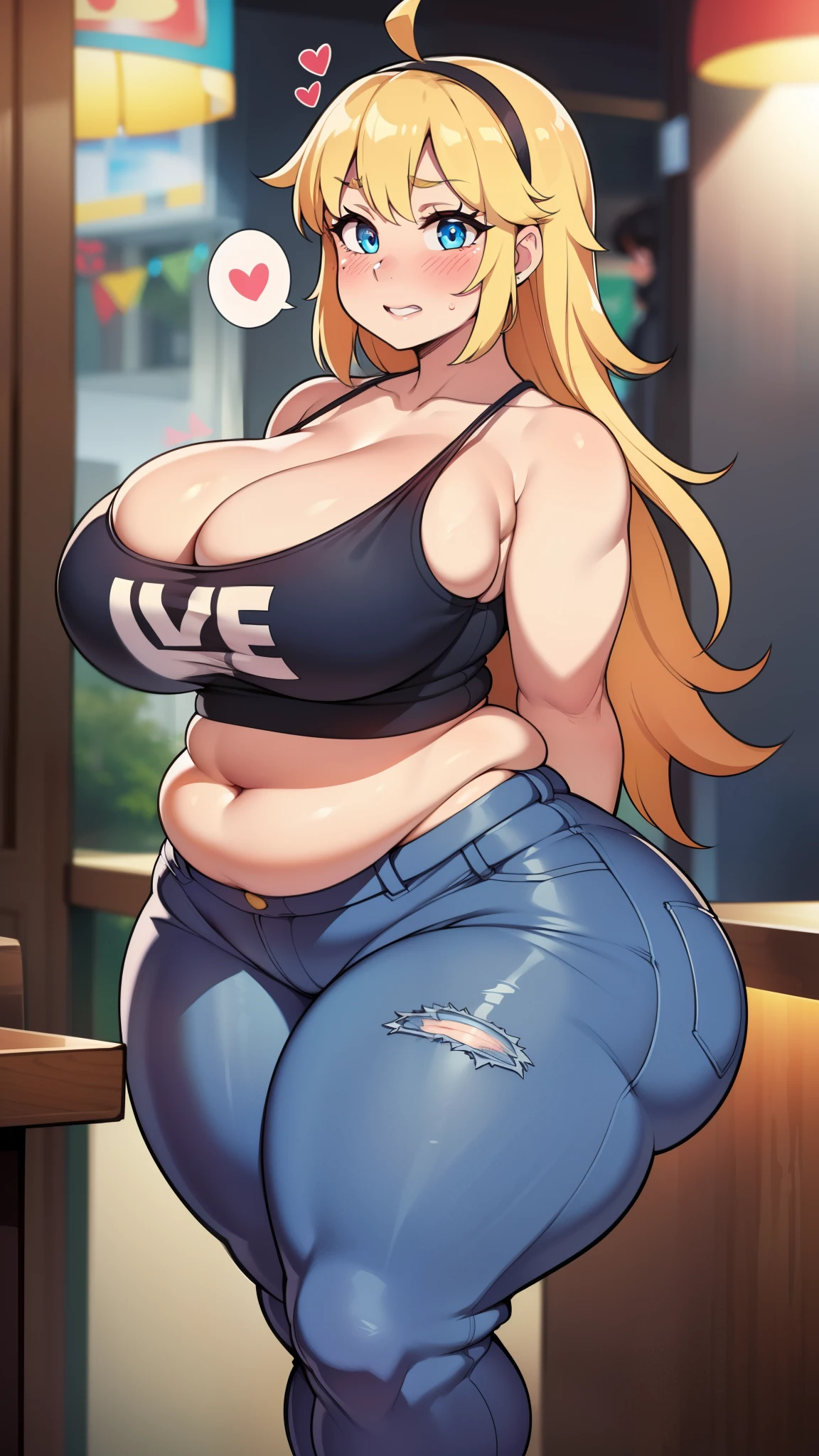 ((highres)), Masterpiece, high quality, best quality, beautiful, perfect lighting, detailed face, ultra cute face, ((1girl)), ((blush)), ((blush)), embarrassed, looking at viewer, skindentation, long blonde hair, fluffy hair, blue eyes, jeans, tank top, tight clothes, full body, fast food restaurant, medium breasts, perky breasts, cleavage, ((wide hips)), ((massive thighs)), ((plump)), chubby belly, fat folds, standing, arms behind back, looking at viewer, spoken heart,