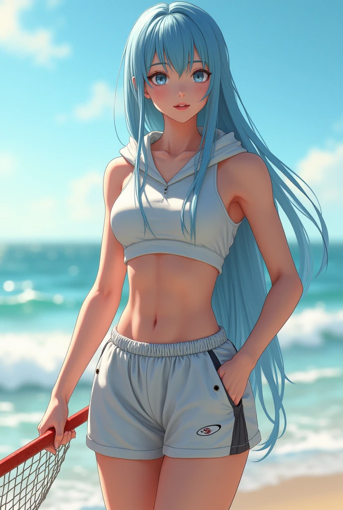 highest quality、Realistic、girl、zoom、Light blue eyes、Long Hair、Light blue swimsuit、Tanned black body、A well-trained body、muscle、Abdominal muscles、AthleteBlondeBlackSkin、slender、Sweat、Arms crossed、Ocean、Bust Shot