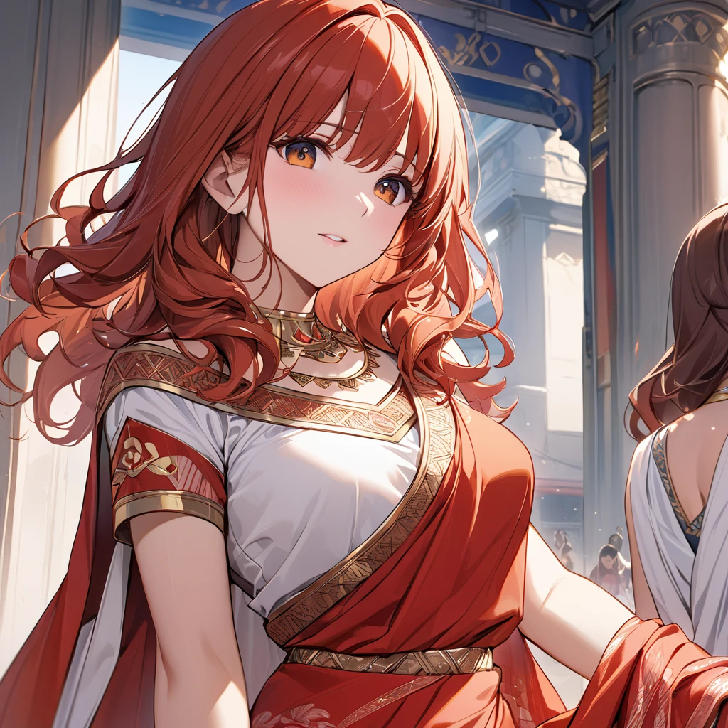 ((Highest quality)), ((masterpiece)), (detailed), （Perfect Face）The woman is a Celica with red hair.、The woman is wearing the traditional Indian dress, a sari.